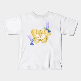 Skeleton pelvis with hummingbirds and flowers in watercolor Kids T-Shirt